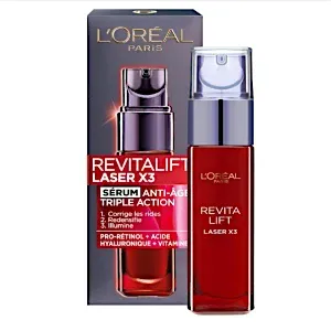 Sérum visage anti-âge triple action à l'acide hyaluronique, vitamine C et pro-rétinol, Corrige les rides, redensifie et illumine, Revitalift Laser X3, L’Oréal, 30 ml