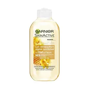 Lait démaquillant végétal réconfortant au miel de fleurs pour peaux sèches, Sans paraben, Sans silicone, Sans colorant synthétique, SkinActive, Garnier, 200ml